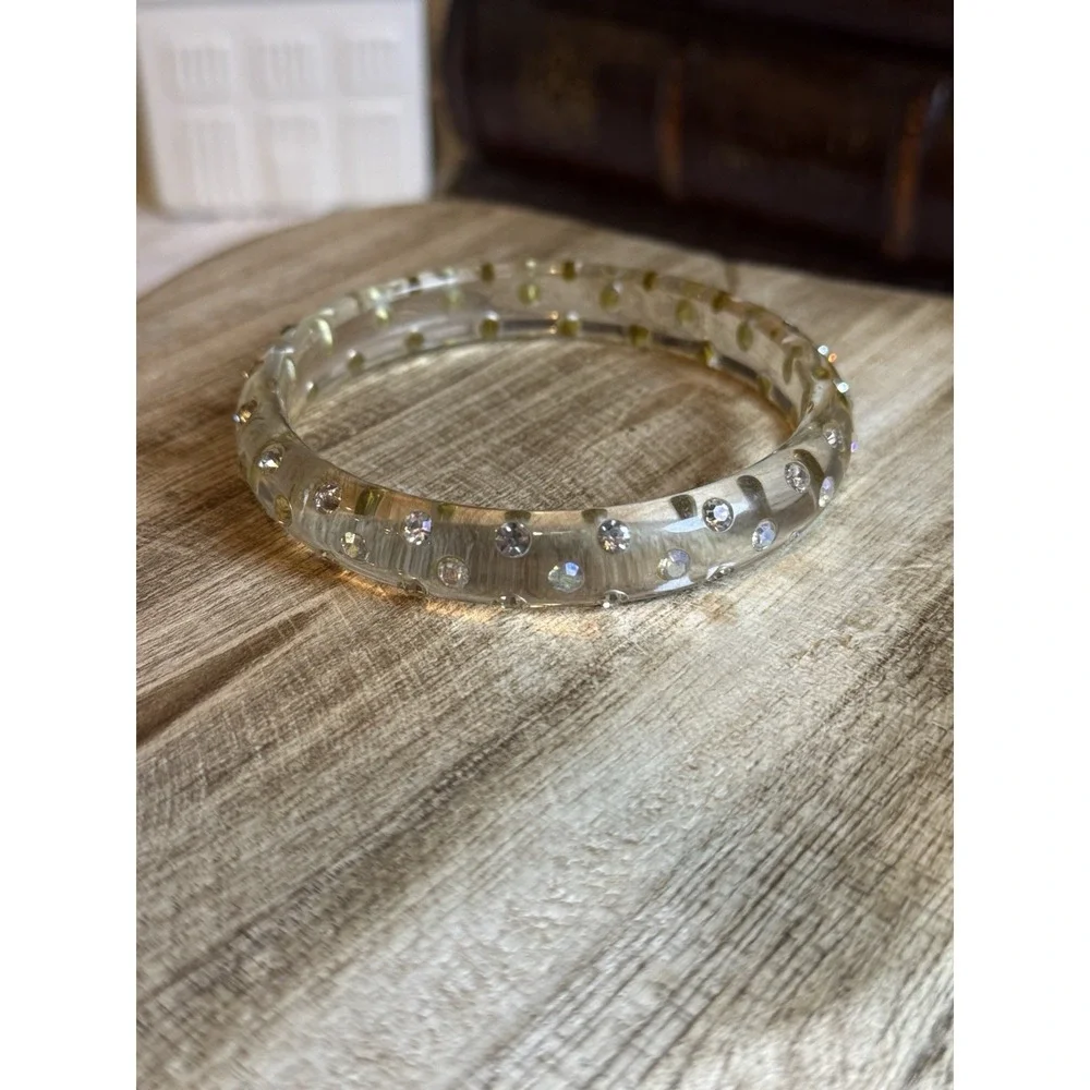 Vintage Clear Lucite Rhinestone Bangle Bracelet | Embedded Crystals |‎ Retro
